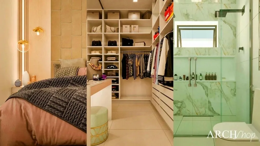Closet em L organizado na suíte master, com ampla iluminação natural através de janela de canto.