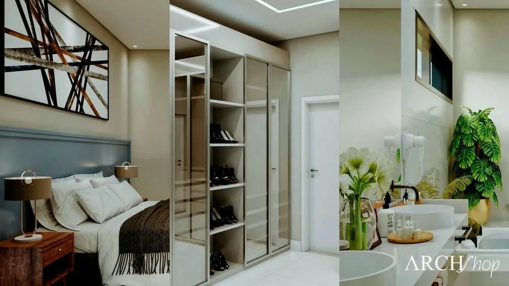 Closet linear e organizado, parte da suíte master, com foco na otimização do espaço e praticidade.