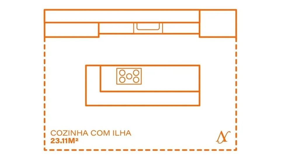Cocina moderna con isla central, fregadero y taburetes, funcionando como punto focal y área extra de trabajo.