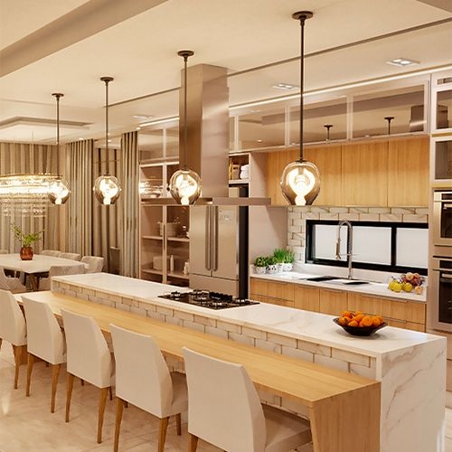 Cocina planificada moderna y lujosa con iluminación empotrada y encimera de cuarzo, ideal para inspirar tu proyecto.