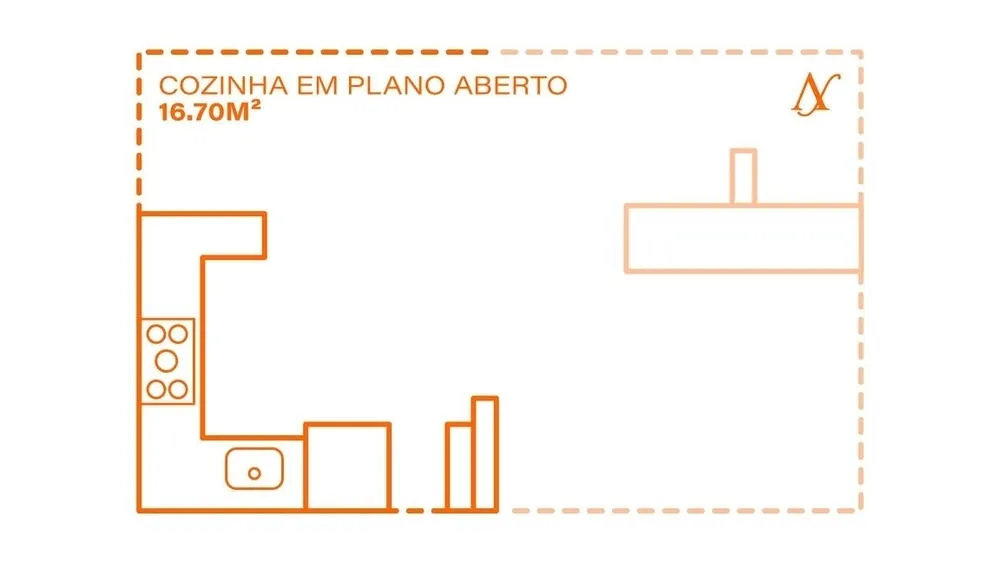 Cocina integrada a la sala de estar en plano abierto, con encimera y estantes, creando un ambiente fluido.
