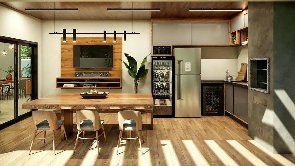 Gourmet area with earthy tones and wood, creating a cozy and relaxed environment.