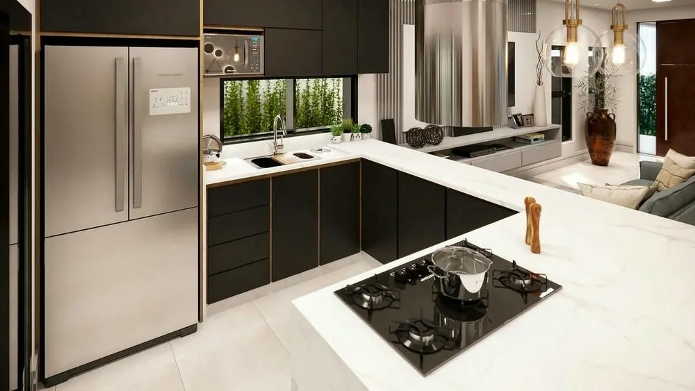 Modern kitchen with a combination of white and black, conveying a sense of cleanliness and sophistication.