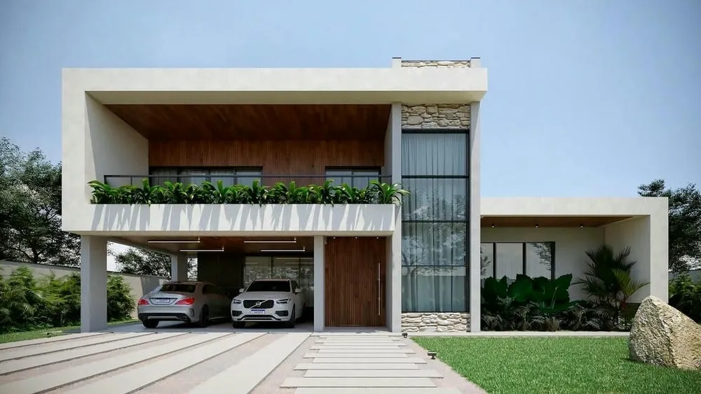 Contemporary house with a facade in neutral tones and touches of color, reflecting the eclectic style.