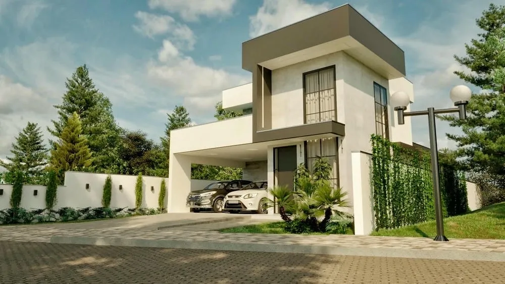 Facade of a modern house with straight lines and neutral colors, exemplifying the modern style.