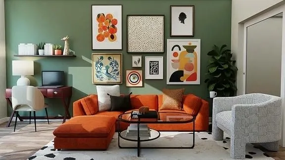 Sala de estar con combinación de colores neutros y un toque de color, ideal para crear un ambiente acogedor.