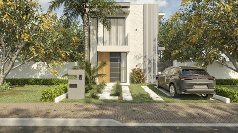 Modern facade of a two-story house with 3 bedrooms, 1 suite, pool, and gourmet area on a compact 8x19m plot.