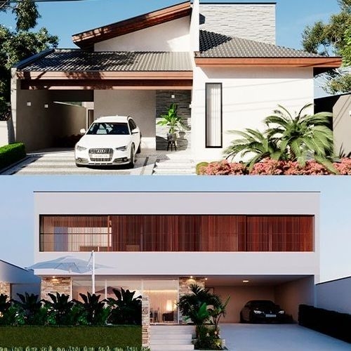 Duas fachadas de casas, uma com telhado aparente e outra com telhado embutido, lado a lado para comparação visual.
