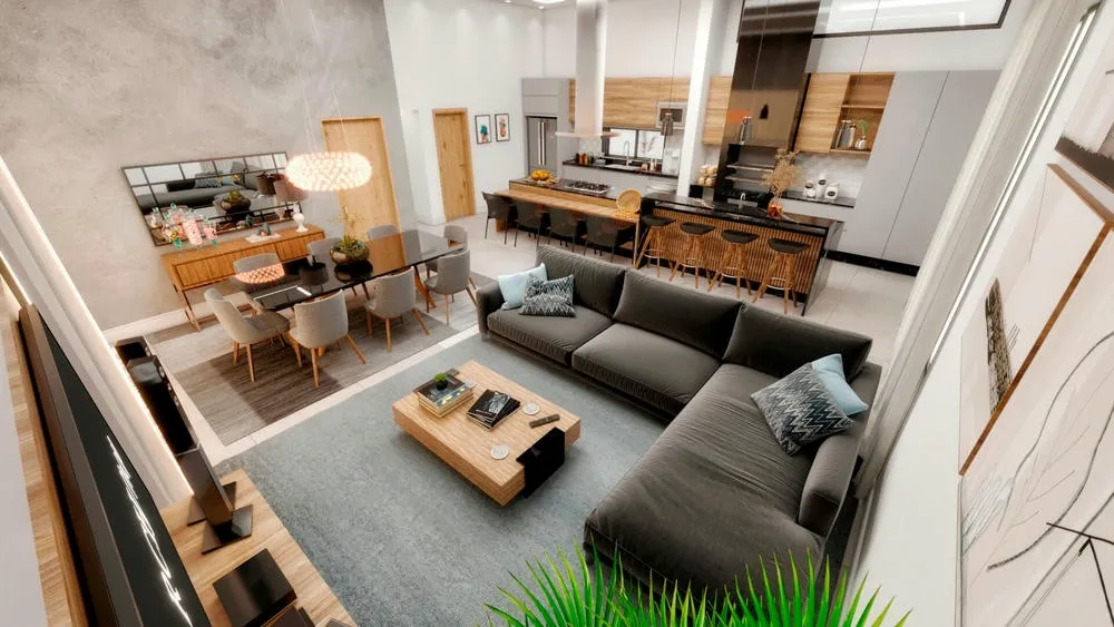 Móveis multifuncionais em um ambiente com conceito aberto, maximizando o espaço e a flexibilidade de uso.