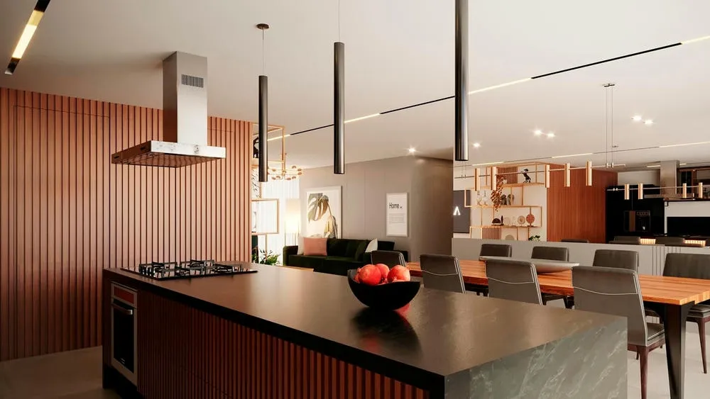 Sala de estar y comedor integradas con cocina americana, destacando la iluminación natural y muebles multifuncionales.