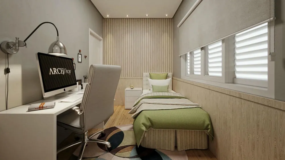 Quarto com parede em tom pastel e cama com roupas de cama claras, transmitindo leveza.