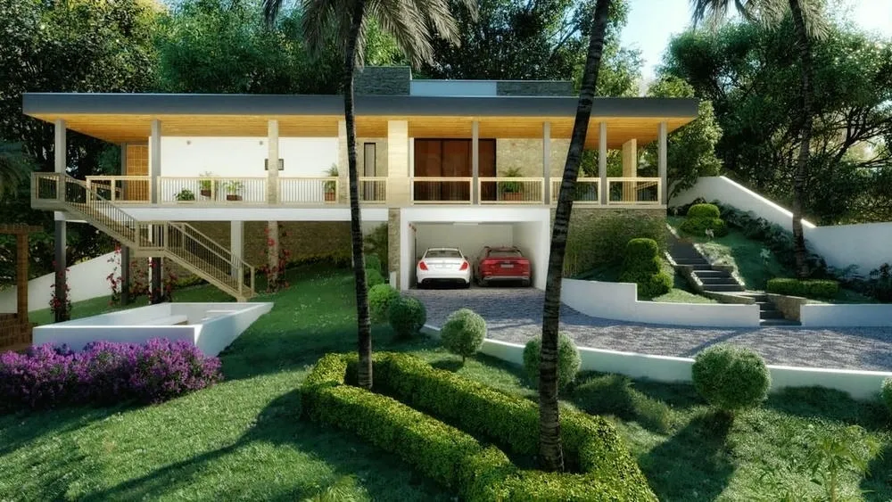 Country house facade with wide porch, exposed roof, and landscaping integrated into the downhill slope of the lot.