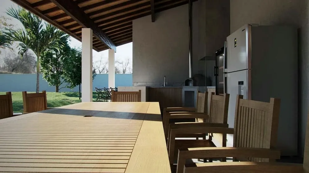 Country house plan with spacious gourmet veranda and garden view, ideal for outdoor leisure moments.