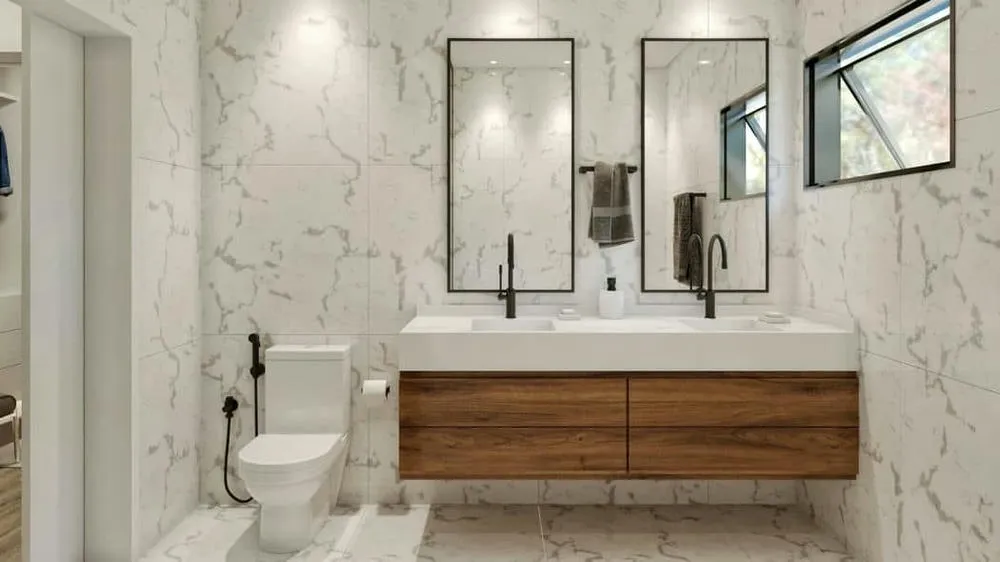 Bathroom ideal for couples with double vanity and generous space, providing functionality and comfort, from the Detroit Project.