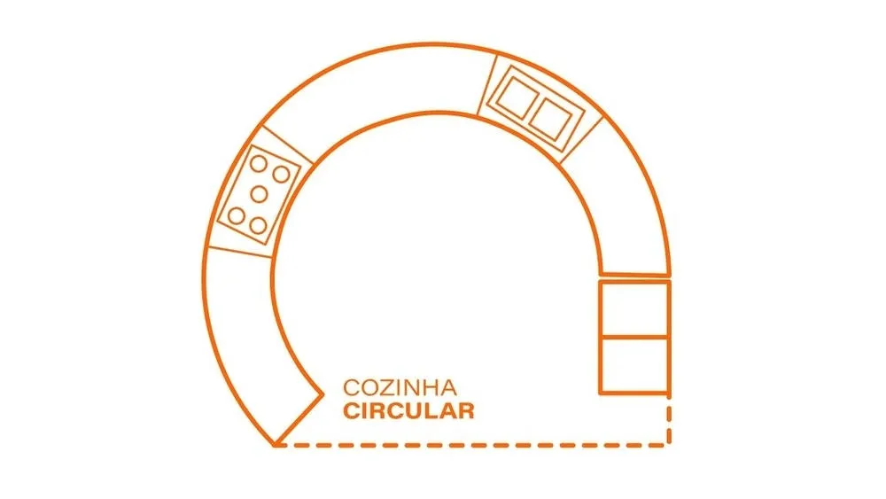 Cozinha com design circular, fogão central e bancada curva, mostrando uma abordagem inovadora.