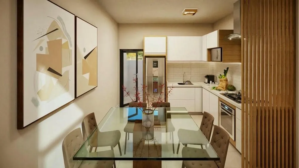 Cozinha em L com uma ilha central, oferecendo espaço extra para preparo e refeições rápidas.