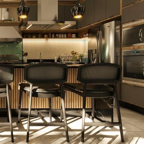Espaço gourmet moderno com ilha central, bancada com banquetas elegantes e armários planejados, ideal para quem busca inspiração em projetos de cozinha.