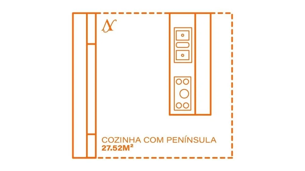Cozinha moderna com uma península conectada à parede, servindo como extensão da bancada principal.