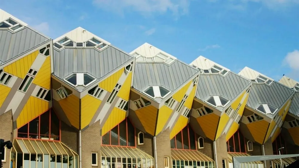 Cube houses in Rotterdam, Netherlands, with unique architectural design and stacked cubic shapes.