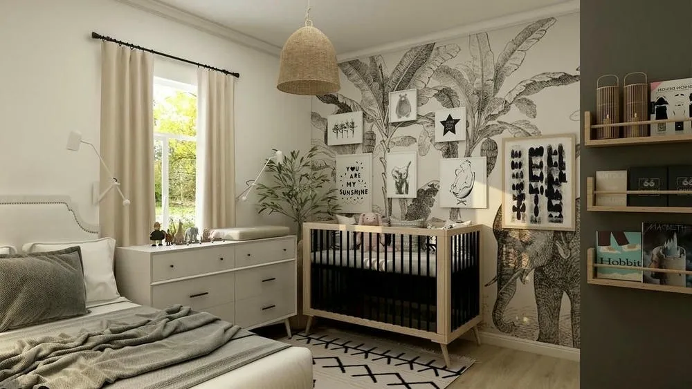 Quarto infantil com papel de parede removível de folhas e animais, berço de madeira e cômoda, uma ideia para decorar casa alugada.