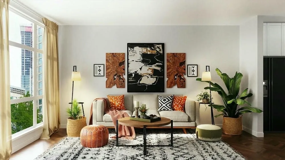 Sala de estar moderna com sofá cinza, almofadas coloridas, mesa de centro e plantas, mostrando uma decoração que pode ser adaptada em casa alugada.