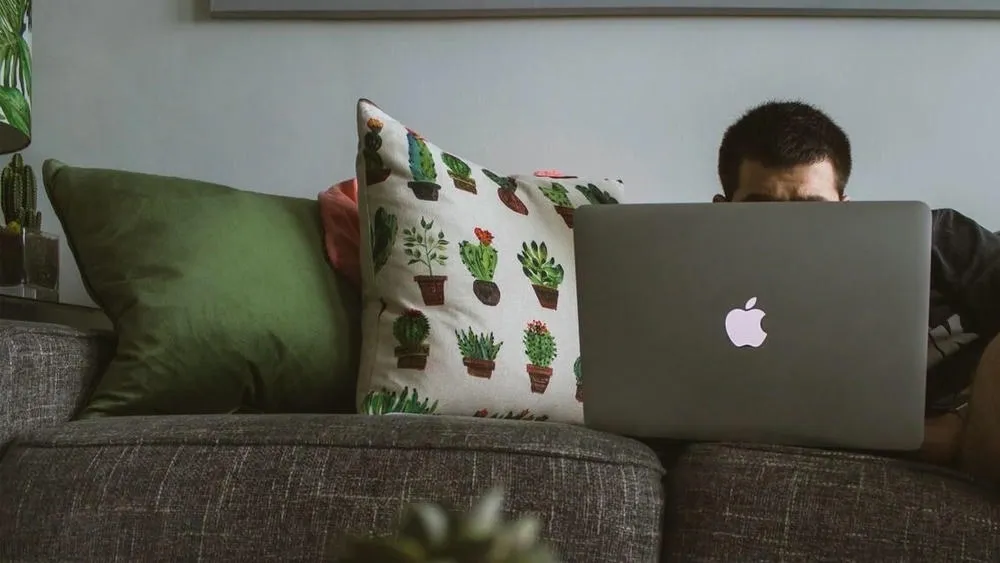 Persona usando laptop en sofá con cojines de cactus, demostrando el confort y la personalización de ambientes en casa alquilada con cojines.