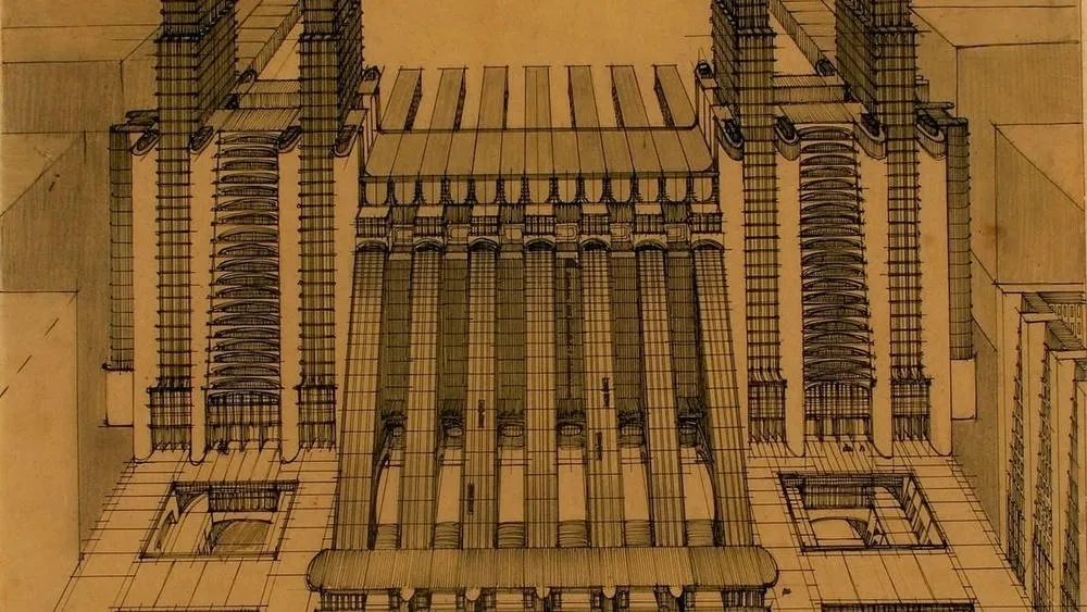 Desenho arquitetônico detalhado de uma cidade futurista, com estruturas elevadas e múltiplos níveis, representando o projeto 'Città Nuova' de Antonio Sant'Elia, um marco do futurismo na arquitetura.