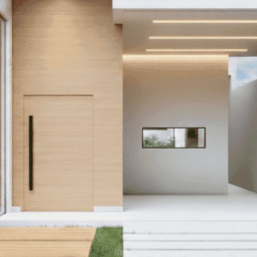 Fachada minimalista com porta pivotante em madeira clara, iluminação em LED embutida no teto e janela horizontal discreta, projetada pela Archshop.