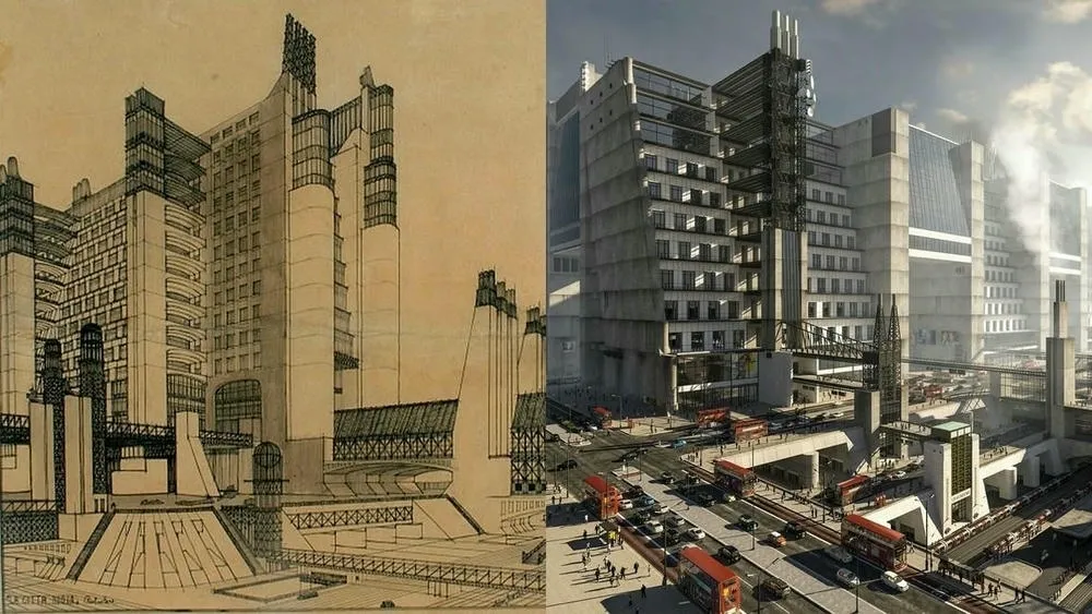 Comparación entre un dibujo arquitectónico conceptual y una imagen de una ciudad moderna con edificios altos e infraestructura de transporte, ilustrando la visión de la arquitectura futurista.