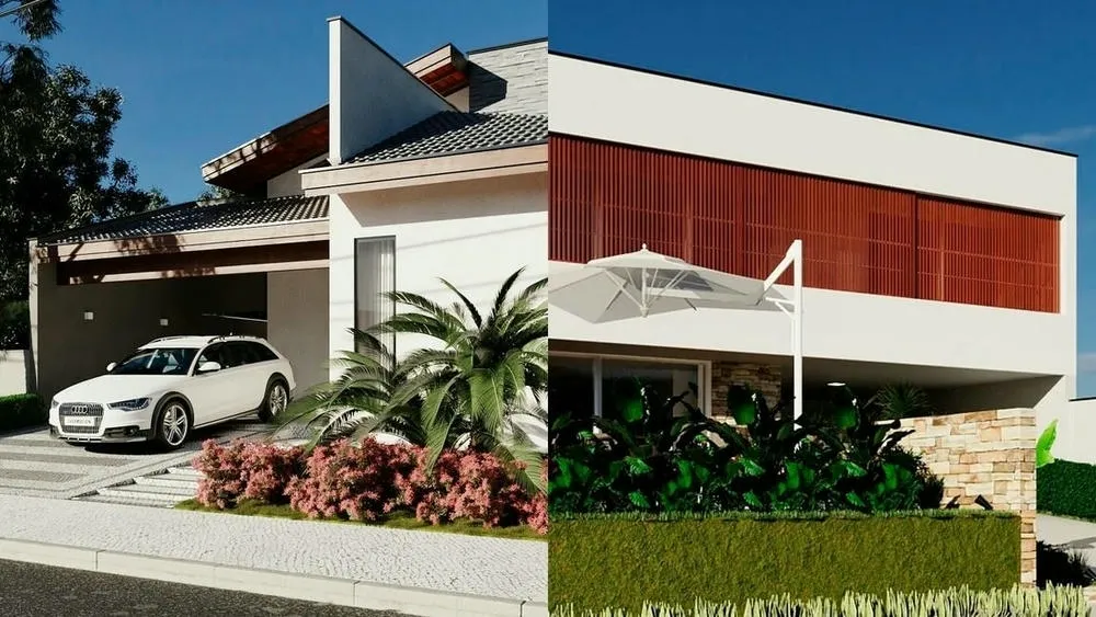 Montaje de dos fotos de casas, una con techo visto y otra con techo empotrado, para ilustrar las diferencias de estética.