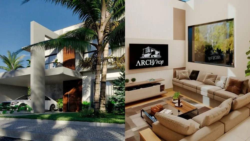 Split image with a modern house facade on the left and a decorated living room interior on the right.
