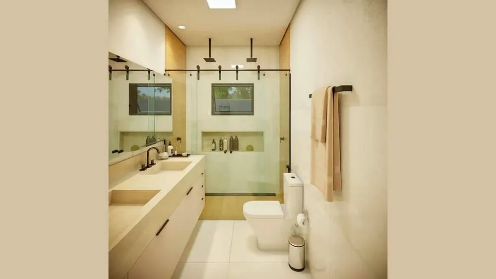 Bathroom with discrete lighting and elegant composition of light colors and black, from the Toronto Project.