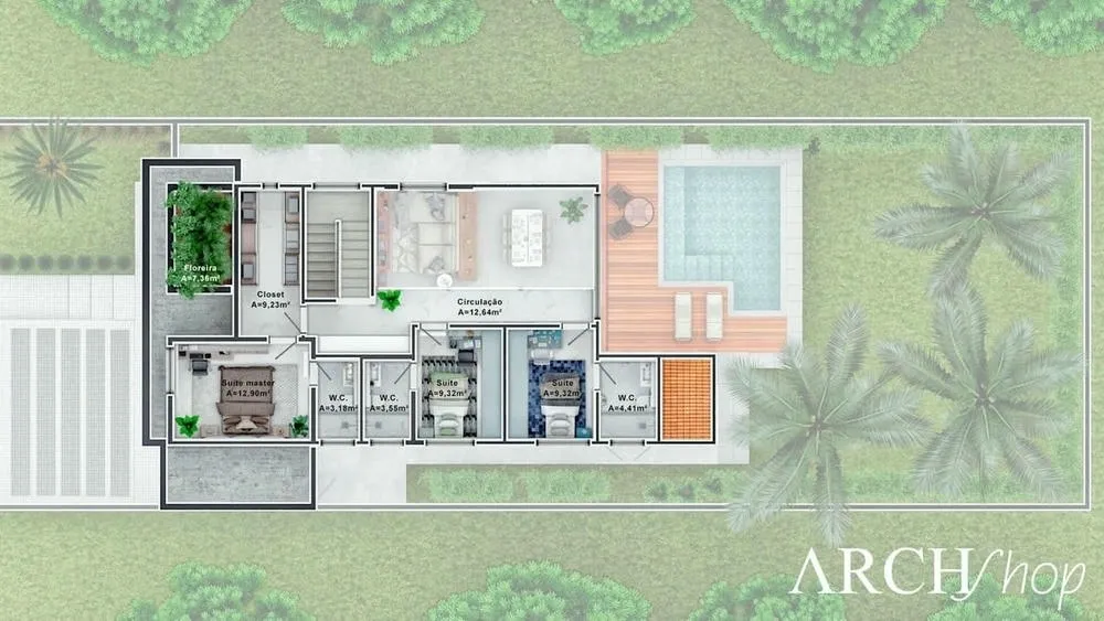 Distribución de los dormitorios en un plano de casa con cuatro dormitorios y piscina, evidenciando la funcionalidad del layout.