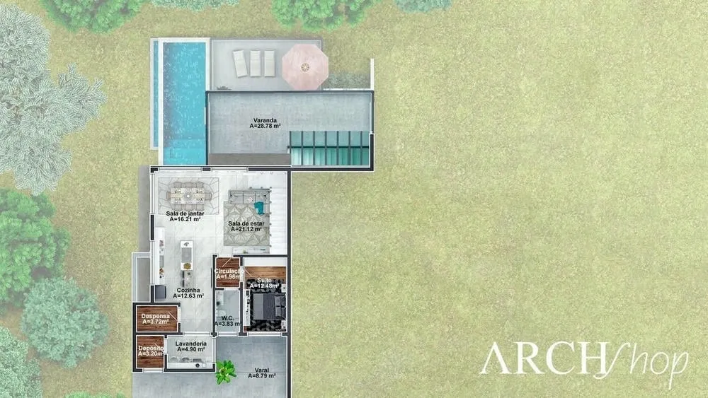 Intermediate floor plan of a downhill house, with suites and circulation area.