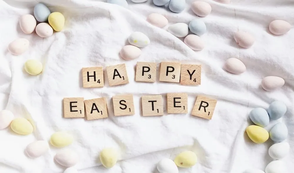 Easter elements like bunnies and flowers, symbolizing unity.