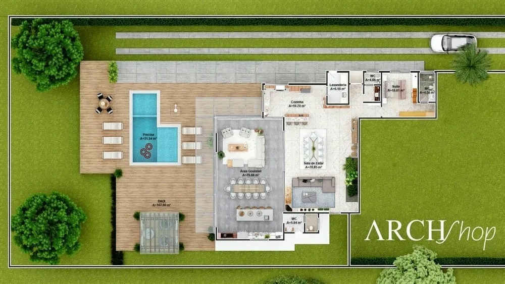 Ejemplo de proyecto de casa con doble altura, cinco suites y deck con vista, destacando los diferenciales.