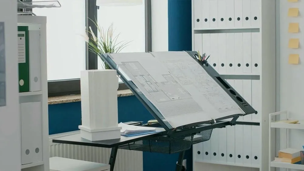 Um engenheiro ou arquiteto trabalhando em um projeto de retrofit em uma prancheta com plantas e uma maquete de edifício, representando a especialização necessária.