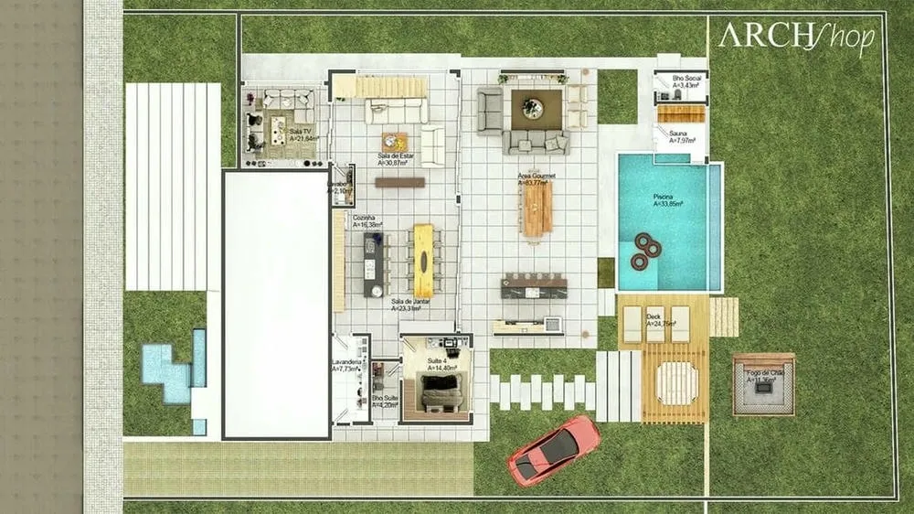 Espacio gourmet moderno con área de ocio sofisticada, incluyendo barbacoa y ambientes integrados.