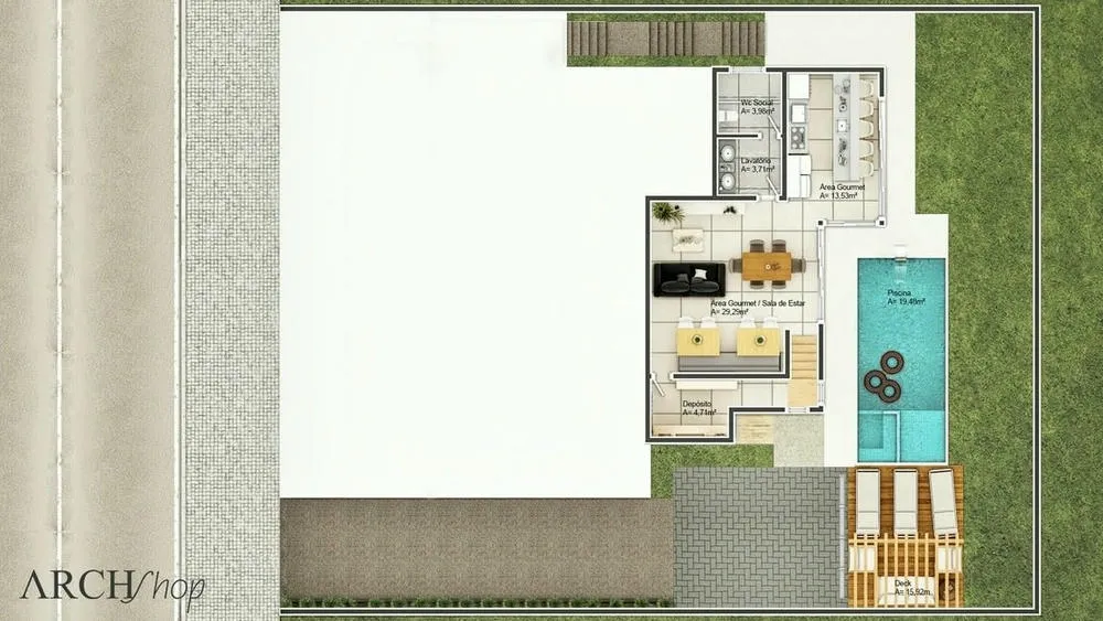 Espaço gourmet tradicional integrado à área de lazer, com mesas amplas e ambiente convidativo.