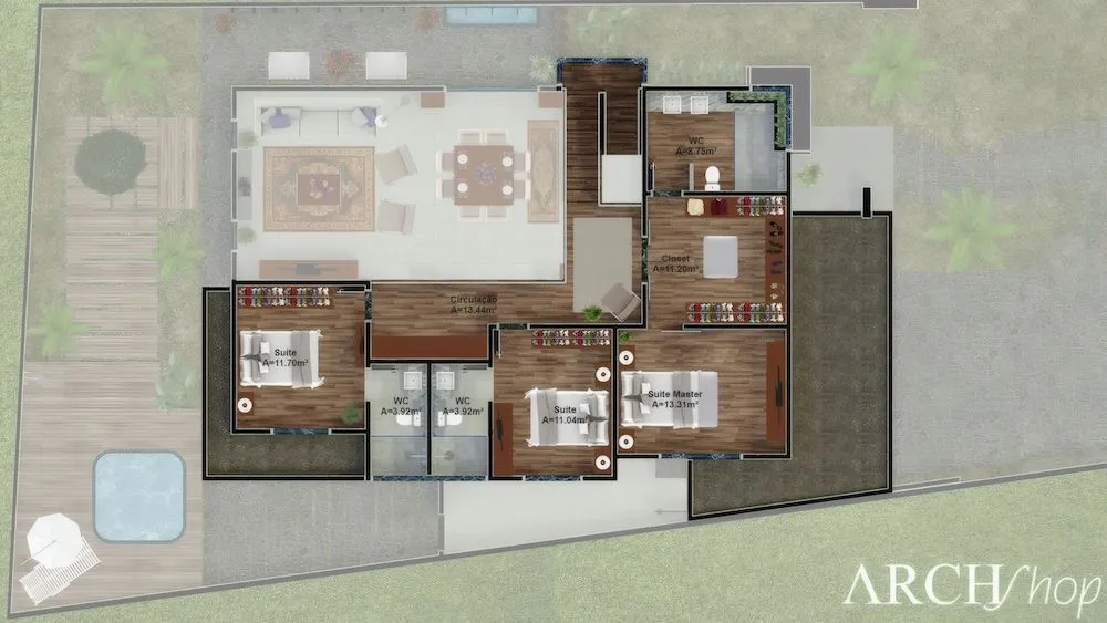 Upper floor plan of the Europa Project, with 3 suites and mezzanine.