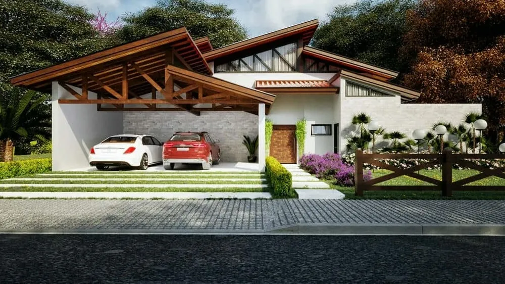Facade of the Barcelona Project with an exposed roof, wooden elements, and a fire pit in the outdoor area.