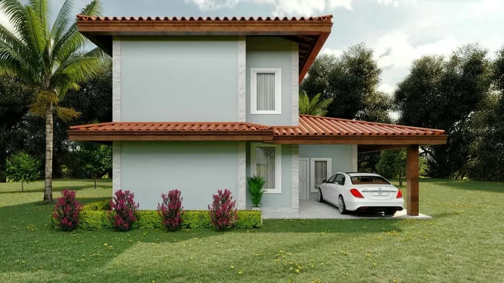 Facade of the Havana Project, a country house with 3 bedrooms, front porch, and exposed roof.