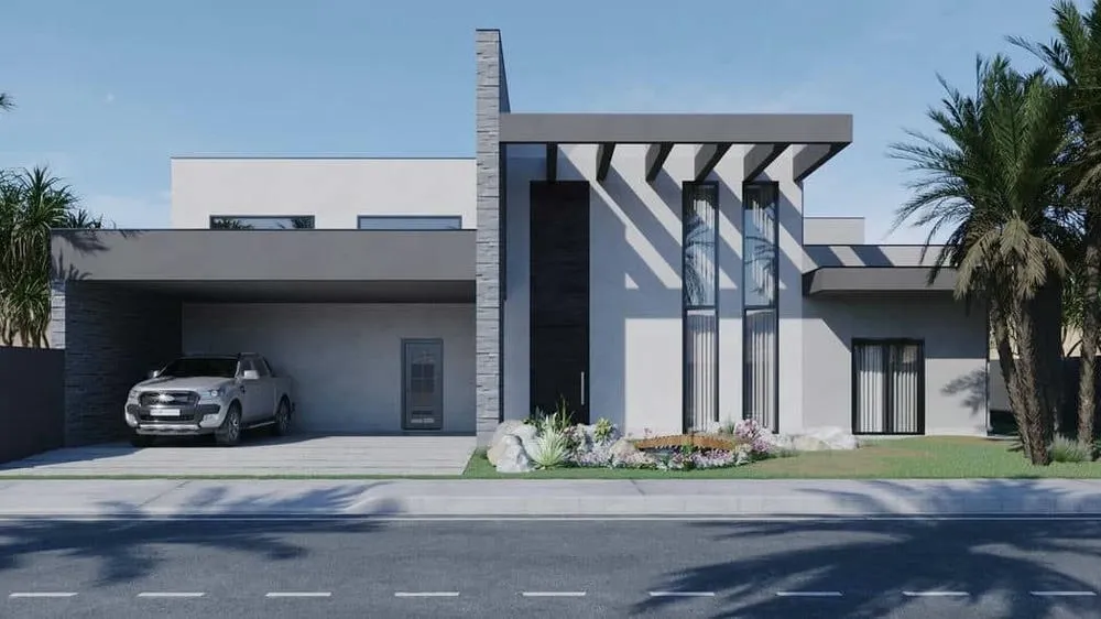 Modern facade of the Philippines Project, a single-story house with 3 suites and integrated environments.