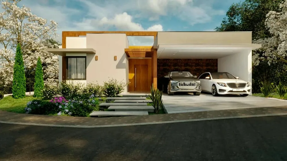 Fachada de casa de alto padrão com pergolado em madeira e jardim frontal, que proporcionam um design elegante e integrado à natureza.