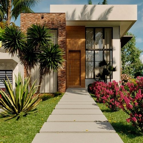 Fachada moderna de uma casa de alto padrão com detalhes em pedra e madeira, e um jardim exuberante.
