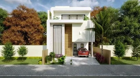 Imponente fachada de casa de alto standing con doble altura y diseño moderno, Proyecto Taiwán.