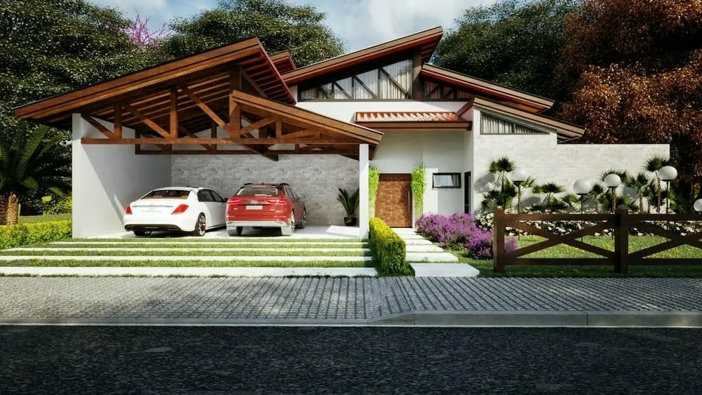 Fachada frontal de una casa moderna con techo visto de madera, garaje para dos coches, entrada con jardín y cerca de madera.