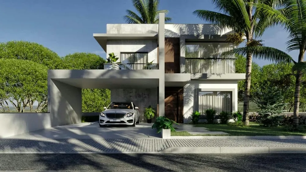 Fachada de casa con estilo contemporáneo, rasgos geométricos y grandes ventanas, que proporcionan iluminación natural y modernidad.