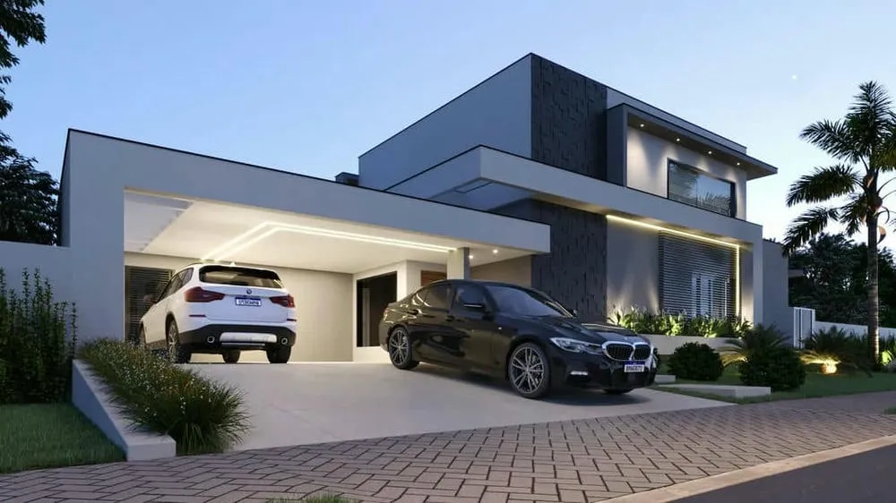 Fachada de casa moderna con paleta blanco y negro, creando un contraste elegante y atemporal.