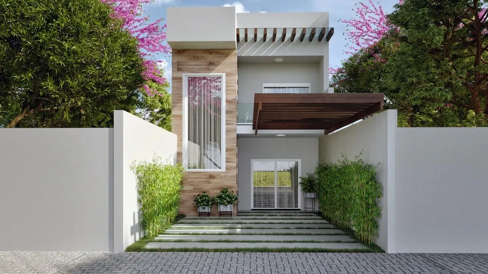 Fachada de uma casa sobrado moderna com sacada e detalhes em madeira e paisagismo.